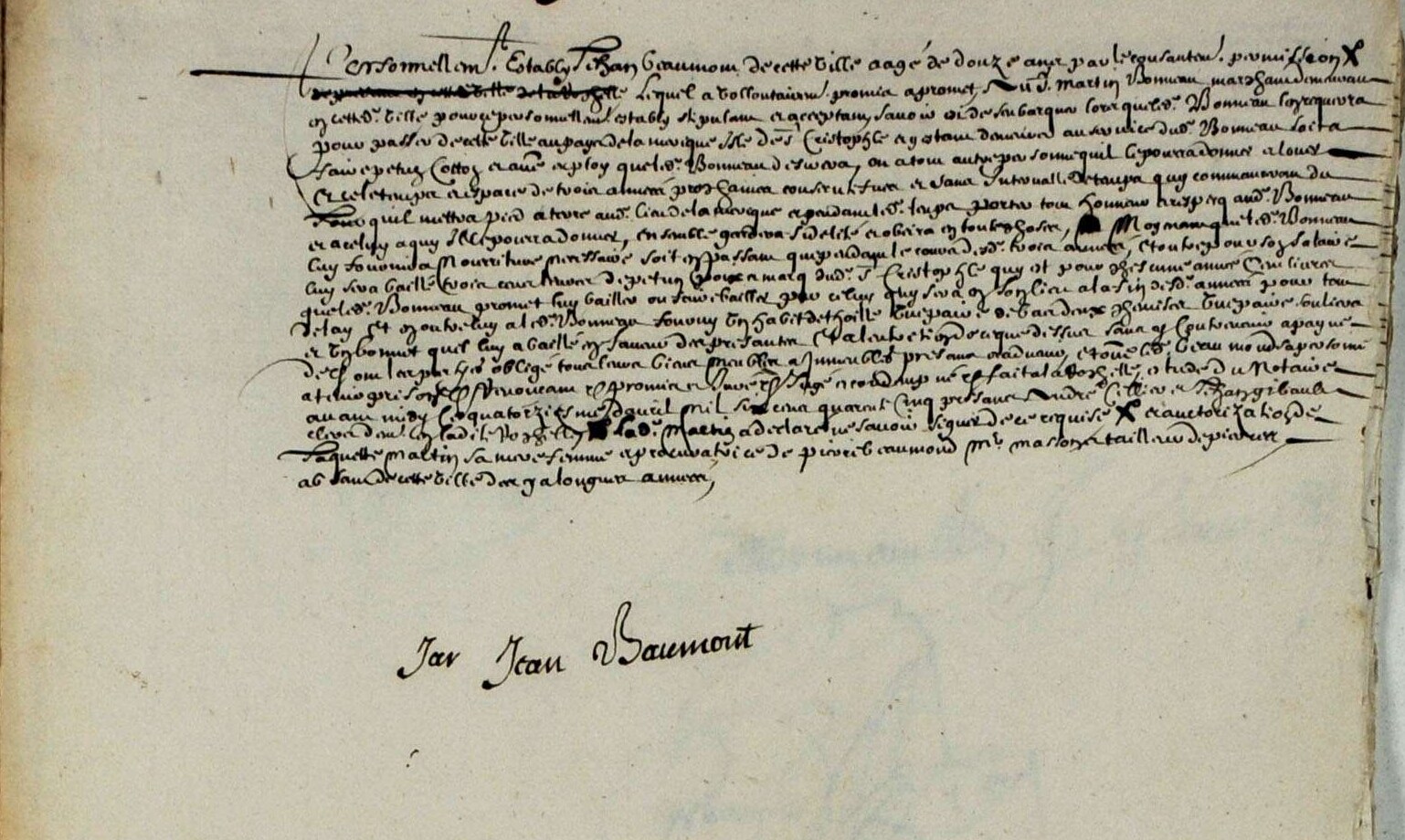 Recadrage d’une minute notariale manuscrite de 1645 : le contrat occupe le haut de la page et le nom de Jean Baumont apparaît isolé sous le texte.