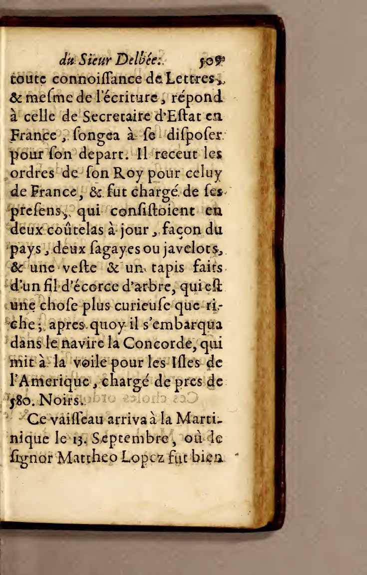 Page 509 du journal de d’Elbée indiquant que la Concorde quitte la côte africaine chargée de captifs et arrive à la Martinique le 13 septembre 1670.