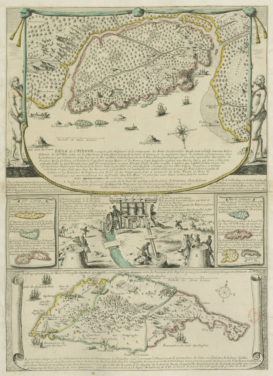 Document cartographique coloré de 1667 réunissant une carte de Cayenne, un moulin à sucre et une carte de Saint-Christophe.